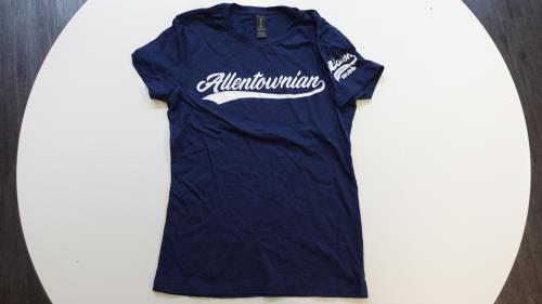 ALLENTOWNIAN (CURSIVE-SCRIPT LETTERING) NAVY/WHITE T-SHIRT BY A-Town REPRESENTIN' BRAND (TM) GILDAN SOFTSTLE LADIES TEE, SIZE: Small