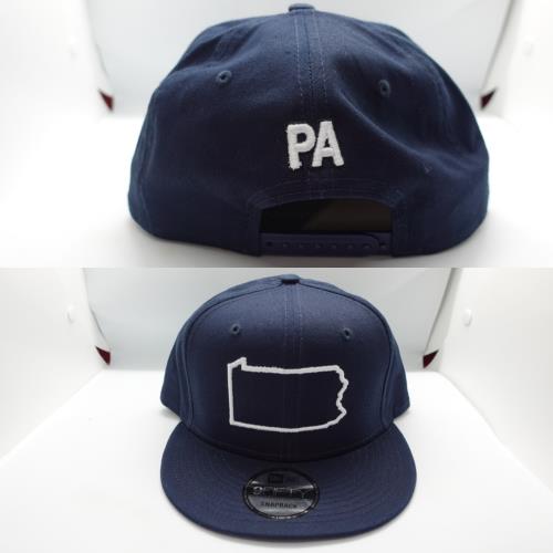 WHITE PA STATE OUT LINE LOGO CUSTOM EMBROIDERED, PA Raised Lettering DEEP BLUE NEW ERA SNAPBACK 9FIFTY