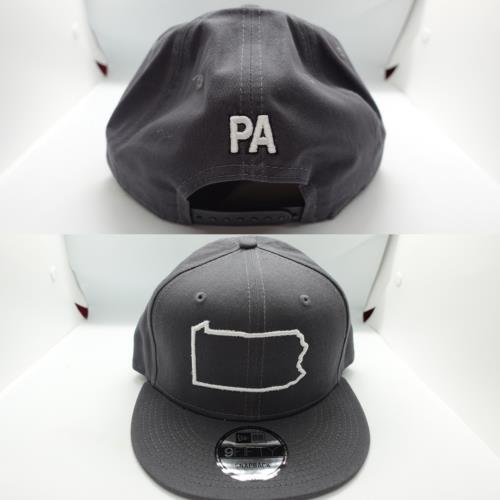 WHITE PA STATE OUT LINE LOGO CUSTOM EMBROIDERED, PA Raised Embroidery Lettering Charcoal Grey NEW ERA SNAPBACK 9FIFTY